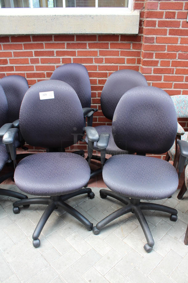 4 Purple Patterned Office Chairs w/ Arm Rests on Casters. 23x21x39. 4 Times Your Bid! (Atrium)