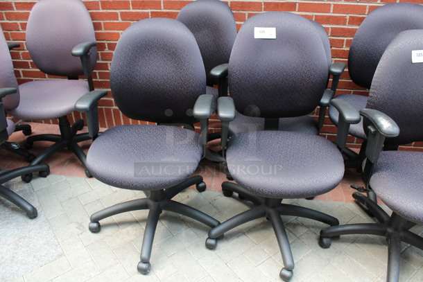 4 Purple Patterned Office Chairs w/ Arm Rests on Casters. 23x21x39. 4 Times Your Bid! (Atrium) - Image 1 of 5