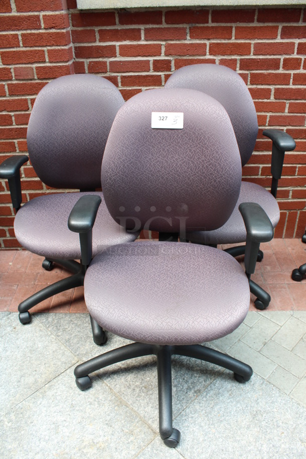 3 Purple Patterned Office Chairs w/ Arm Rests on Casters. 23x21x39. 3 Times Your Bid! (Atrium)