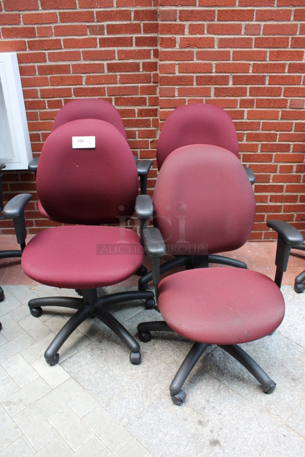 4 Red Office Chairs w/ Arm Rests on Casters. Includes 25x21x39. 4 Times Your Bid! (Atrium)