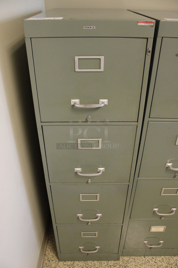 Cole Green Metal 4 Drawer Filing Cabinet. Locked. 15x27x52.5. (Hallways Straight Off Of Atrium)