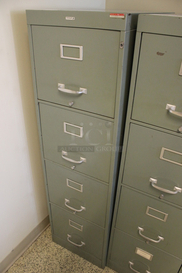 Cole Green Metal 4 Drawer Filing Cabinet. Locked. 15x27x52.5. (Hallways Straight Off Of Atrium) - Image 2 of 4