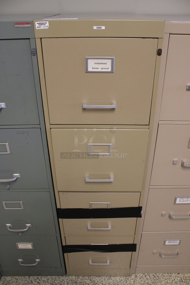 Cole Tan Metal 4 Drawer Filing Cabinet. Locked. 15x27x52.5. (Hallways Straight Off Of Atrium)