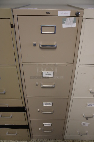 Hon Tan Metal 4 Drawer Filing Cabinet. 15x27x52.5. (Hallways Straight Off Of Atrium)