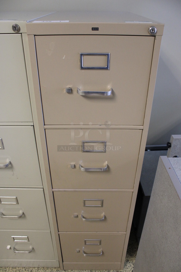 Hon Tan Metal 4 Drawer Filing Cabinet. 15x27x52.5. (Hallways Straight Off Of Atrium)