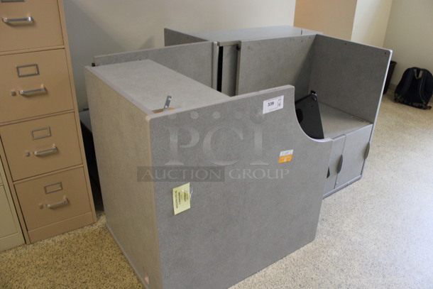 ALL ONE MONEY! Lot of Disassembled Gray Desk Set Up. Pieces; Corner Desk, Desk w/ 2 Drawer Filing Cabinet, Desk w/ Cabinet and Hutch! 36x24x29, 36x15x37.5, 36x36x29, 36x24x29. (Hallways Straight Off Of Atrium) - Image 2 of 6