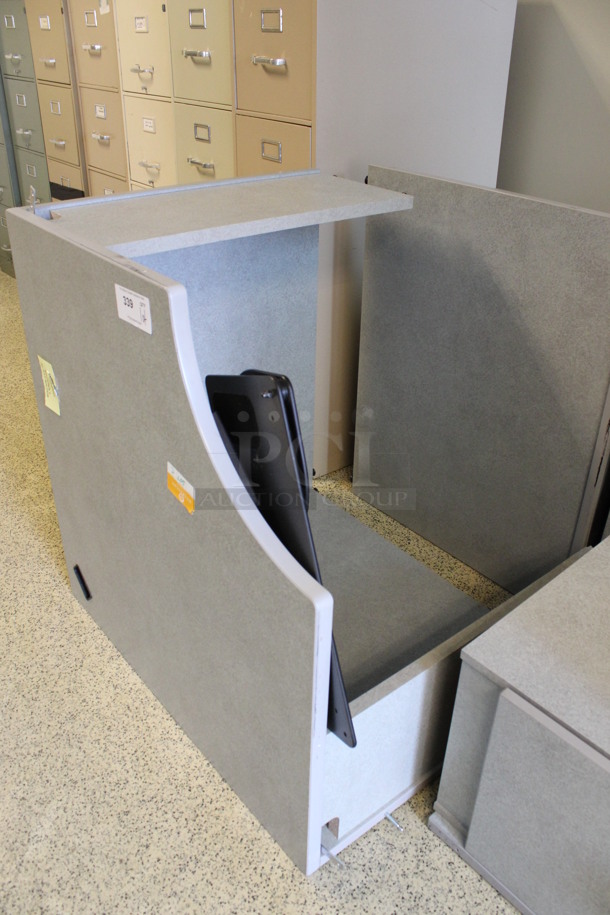 ALL ONE MONEY! Lot of Disassembled Gray Desk Set Up. Pieces; Corner Desk, Desk w/ 2 Drawer Filing Cabinet, Desk w/ Cabinet and Hutch! 36x24x29, 36x15x37.5, 36x36x29, 36x24x29. (Hallways Straight Off Of Atrium) - Image 3 of 6
