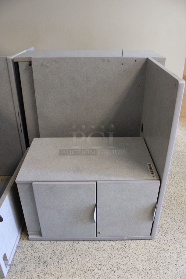 ALL ONE MONEY! Lot of Disassembled Gray Desk Set Up. Pieces; Corner Desk, Desk w/ 2 Drawer Filing Cabinet, Desk w/ Cabinet and Hutch! 36x24x29, 36x15x37.5, 36x36x29, 36x24x29. (Hallways Straight Off Of Atrium) - Image 4 of 6