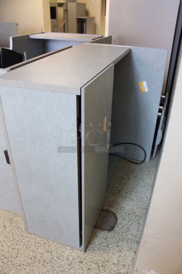 ALL ONE MONEY! Lot of Disassembled Gray Desk Set Up. Pieces; Corner Desk, Desk w/ 2 Drawer Filing Cabinet, Desk w/ Cabinet and Hutch! 36x24x29, 36x15x37.5, 36x36x29, 36x24x29. (Hallways Straight Off Of Atrium) - Image 5 of 6