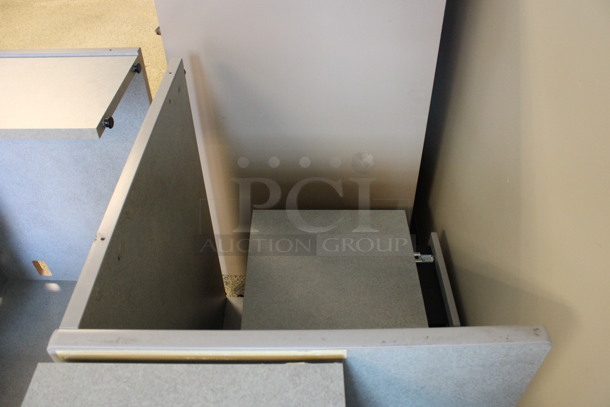 ALL ONE MONEY! Lot of Disassembled Gray Desk Set Up. Pieces; Corner Desk, Desk w/ 2 Drawer Filing Cabinet, Desk w/ Cabinet and Hutch! 36x24x29, 36x15x37.5, 36x36x29, 36x24x29. (Hallways Straight Off Of Atrium) - Image 6 of 6