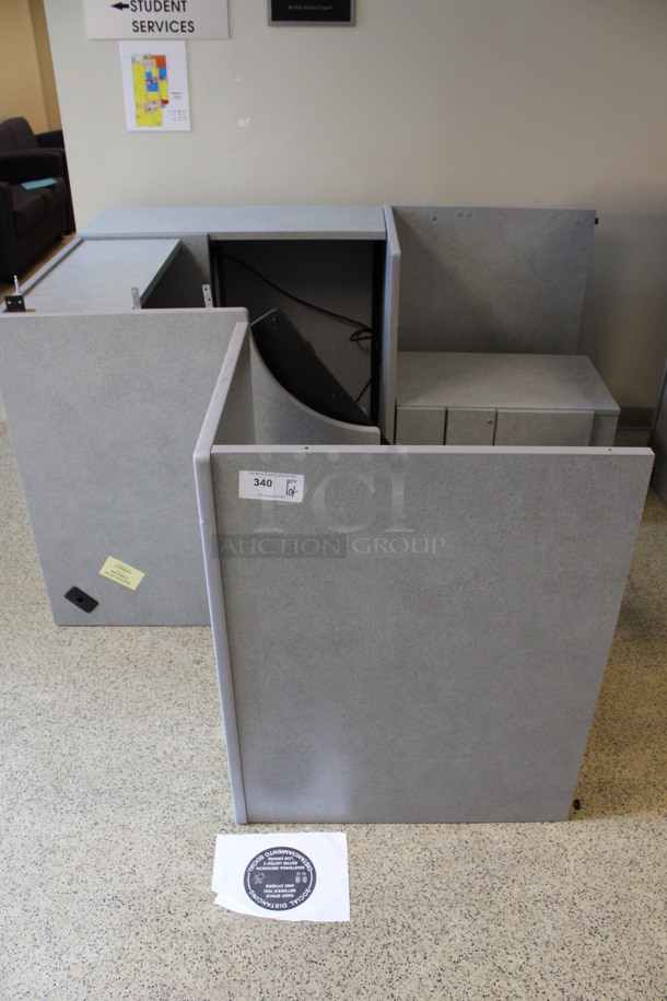 ALL ONE MONEY! Lot of Disassembled Gray Desk Set Up. Pieces; Corner Desk, Desk w/ 3 Drawer Filing Cabinet, Desk w/ 2 Drawer Cabinet and Hutch! 36x36x29, 36x15x37.5, 36x24x29, 36x24x29. (Hallways Straight Off Of Atrium) - Image 1 of 5