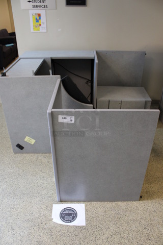 ALL ONE MONEY! Lot of Disassembled Gray Desk Set Up. Pieces; Corner Desk, Desk w/ 3 Drawer Filing Cabinet, Desk w/ 2 Drawer Cabinet and Hutch! 36x36x29, 36x15x37.5, 36x24x29, 36x24x29. (Hallways Straight Off Of Atrium)