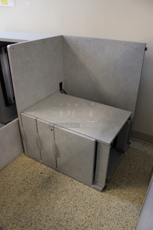 ALL ONE MONEY! Lot of Disassembled Gray Desk Set Up. Pieces; Corner Desk, Desk w/ 3 Drawer Filing Cabinet, Desk w/ 2 Drawer Cabinet and Hutch! 36x36x29, 36x15x37.5, 36x24x29, 36x24x29. (Hallways Straight Off Of Atrium) - Image 2 of 5