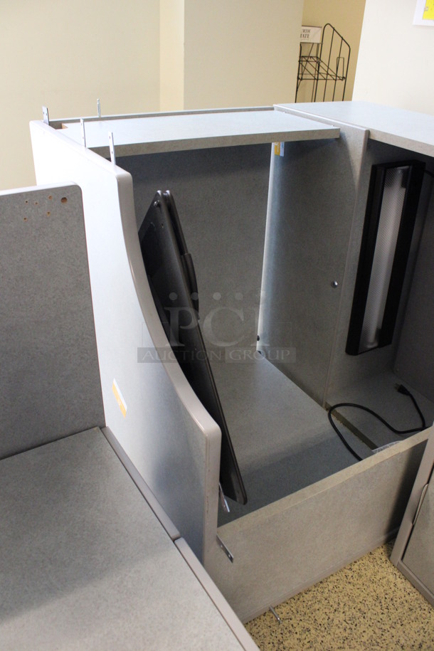 ALL ONE MONEY! Lot of Disassembled Gray Desk Set Up. Pieces; Corner Desk, Desk w/ 3 Drawer Filing Cabinet, Desk w/ 2 Drawer Cabinet and Hutch! 36x36x29, 36x15x37.5, 36x24x29, 36x24x29. (Hallways Straight Off Of Atrium) - Image 4 of 5