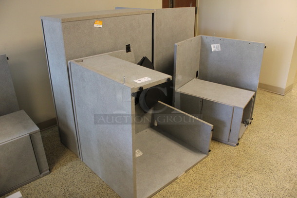 ALL ONE MONEY! Lot of Disassembled Gray Desk Set Up. Pieces; Corner Desk, Desk w/ 3 Drawer Filing Cabinet, Desk w/ 2 Drawer Cabinet and Hutch! 36x36x29, 48x15x37.5, 36x24x29, 48x24x29. (Hallways Straight Off Of Atrium) - Image 2 of 6