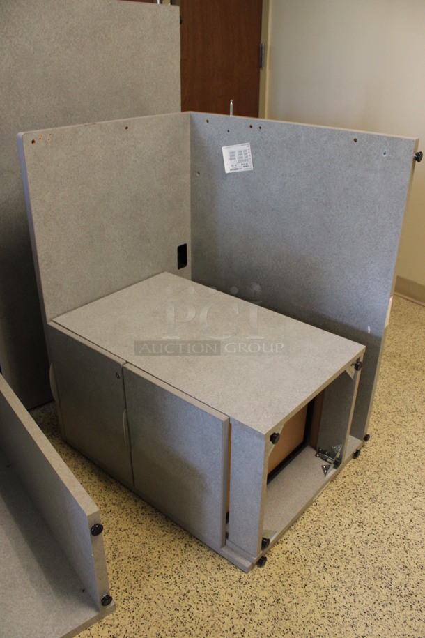 ALL ONE MONEY! Lot of Disassembled Gray Desk Set Up. Pieces; Corner Desk, Desk w/ 3 Drawer Filing Cabinet, Desk w/ 2 Drawer Cabinet and Hutch! 36x36x29, 48x15x37.5, 36x24x29, 48x24x29. (Hallways Straight Off Of Atrium) - Image 4 of 6