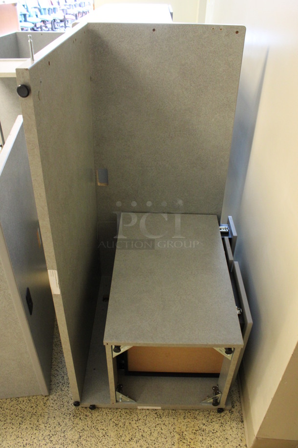 ALL ONE MONEY! Lot of Disassembled Gray Desk Set Up. Pieces; Corner Desk, Desk w/ 3 Drawer Filing Cabinet, Desk w/ 2 Drawer Cabinet and Hutch! 36x36x29, 48x15x37.5, 36x24x29, 48x24x29. (Hallways Straight Off Of Atrium) - Image 5 of 6
