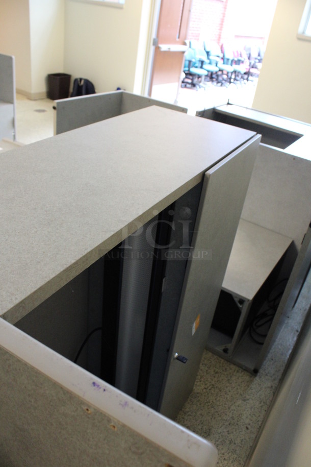 ALL ONE MONEY! Lot of Disassembled Gray Desk Set Up. Pieces; Corner Desk, Desk w/ 3 Drawer Filing Cabinet, Desk w/ 2 Drawer Cabinet and Hutch! 36x36x29, 48x15x37.5, 36x24x29, 48x24x29. (Hallways Straight Off Of Atrium) - Image 6 of 6