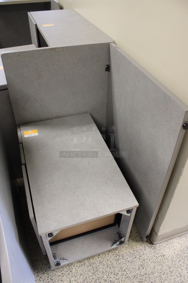 ALL ONE MONEY! Lot of Disassembled Gray Desk Set Up. Pieces; Corner Desk, Desk w/ 3 Drawer Filing Cabinet, Desk w/ Cabinet and Hutch! 36x36x29, 36x24x29, 36x15x37.5, 24x24x29. (Hallways Straight Off Of Atrium) - Image 3 of 6