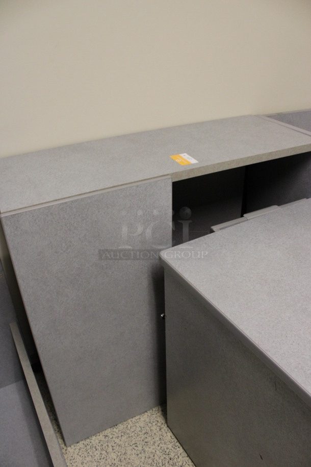 ALL ONE MONEY! Lot of Disassembled Gray Desk Set Up. Pieces; Corner Desk, Desk w/ 3 Drawer Filing Cabinet, Desk w/ Cabinet and Hutch! 36x36x29, 36x24x29, 36x15x37.5, 24x24x29. (Hallways Straight Off Of Atrium) - Image 4 of 6