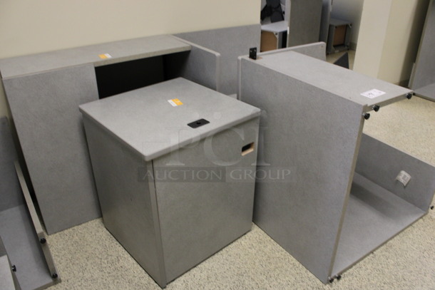 ALL ONE MONEY! Lot of Disassembled Gray Desk Set Up. Pieces; Corner Desk, Desk w/ 3 Drawer Filing Cabinet, Desk w/ Cabinet and Hutch! 36x36x29, 36x24x29, 36x15x37.5, 24x24x29. (Hallways Straight Off Of Atrium) - Image 6 of 6