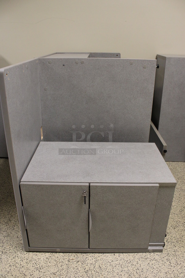 ALL ONE MONEY! Lot of Disassembled Gray Desk Set Up. Pieces; Corner Desk, Desk w/ 3 Drawer Filing Cabinet, Desk w/ 2 Drawer Cabinet and Hutch! 36x24x29, 36x36x29, 48x24x29, 48x24x38.5. (Hallways Straight Off Of Atrium) - Image 2 of 6