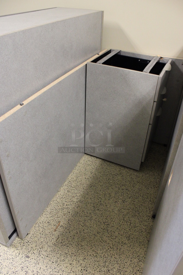 ALL ONE MONEY! Lot of Disassembled Gray Desk Set Up. Pieces; Corner Desk, Desk w/ 3 Drawer Filing Cabinet, Desk w/ 2 Drawer Cabinet and Hutch! 36x24x29, 36x36x29, 48x24x29, 48x24x38.5. (Hallways Straight Off Of Atrium) - Image 4 of 6