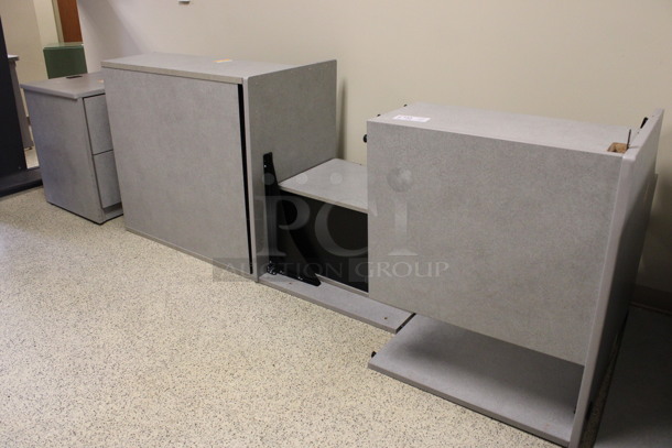 ALL ONE MONEY! Lot of Disassembled Gray Desk Set Up. Pieces; Corner Desk, Desk w/ 3 Drawer Filing Cabinet, Desk w/ 2 Drawer Cabinet and Hutch! 36x36x29, 36x24x29, 36x15x37.5, 24x24x29. (Hallways Straight Off Of Atrium) - Image 1 of 7
