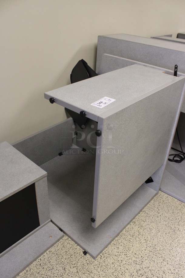 ALL ONE MONEY! Lot of Disassembled Gray Desk Set Up. Pieces; Corner Desk, Desk w/ 3 Drawer Filing Cabinet, Desk w/ 2 Drawer Cabinet and Hutch! 36x36x29, 36x24x29, 36x15x37.5, 24x24x29. (Hallways Straight Off Of Atrium) - Image 2 of 7