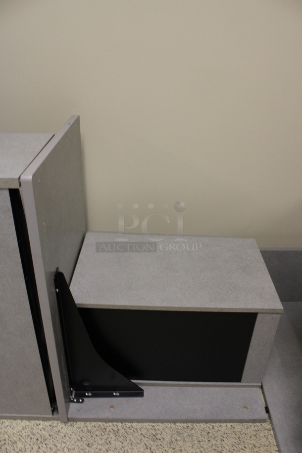 ALL ONE MONEY! Lot of Disassembled Gray Desk Set Up. Pieces; Corner Desk, Desk w/ 3 Drawer Filing Cabinet, Desk w/ 2 Drawer Cabinet and Hutch! 36x36x29, 36x24x29, 36x15x37.5, 24x24x29. (Hallways Straight Off Of Atrium) - Image 3 of 7