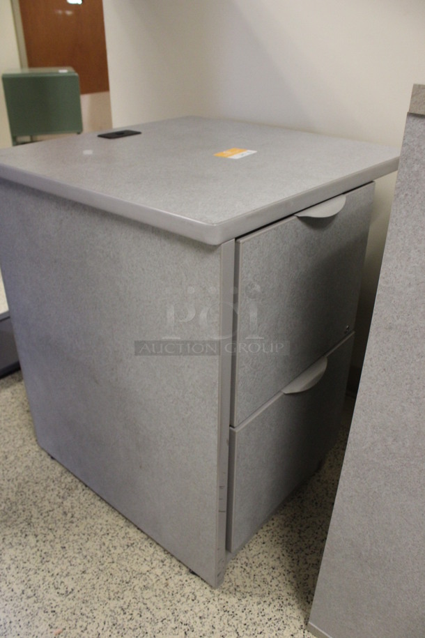 ALL ONE MONEY! Lot of Disassembled Gray Desk Set Up. Pieces; Corner Desk, Desk w/ 3 Drawer Filing Cabinet, Desk w/ 2 Drawer Cabinet and Hutch! 36x36x29, 36x24x29, 36x15x37.5, 24x24x29. (Hallways Straight Off Of Atrium) - Image 6 of 7