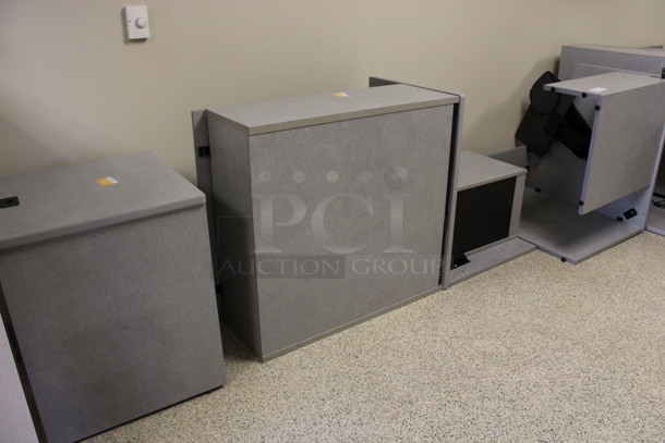 ALL ONE MONEY! Lot of Disassembled Gray Desk Set Up. Pieces; Corner Desk, Desk w/ 3 Drawer Filing Cabinet, Desk w/ 2 Drawer Cabinet and Hutch! 36x36x29, 36x24x29, 36x15x37.5, 24x24x29. (Hallways Straight Off Of Atrium) - Image 7 of 7