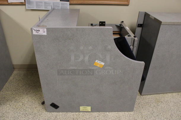 ALL ONE MONEY! Lot of Disassembled Gray Desk Set Up. Pieces; Corner Desk, Desk w/ Filing Cabinet, Desk w/ 2 Drawer Cabinet and Hutch! 36x24x29, 36x15x37.5, 24x24x29, 36x36x29. (Hallways Straight Off Of Atrium) - Image 2 of 8