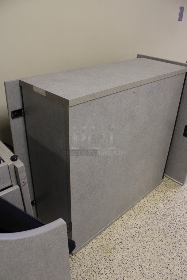 ALL ONE MONEY! Lot of Disassembled Gray Desk Set Up. Pieces; Corner Desk, Desk w/ Filing Cabinet, Desk w/ 2 Drawer Cabinet and Hutch! 36x24x29, 36x15x37.5, 24x24x29, 36x36x29. (Hallways Straight Off Of Atrium) - Image 4 of 8