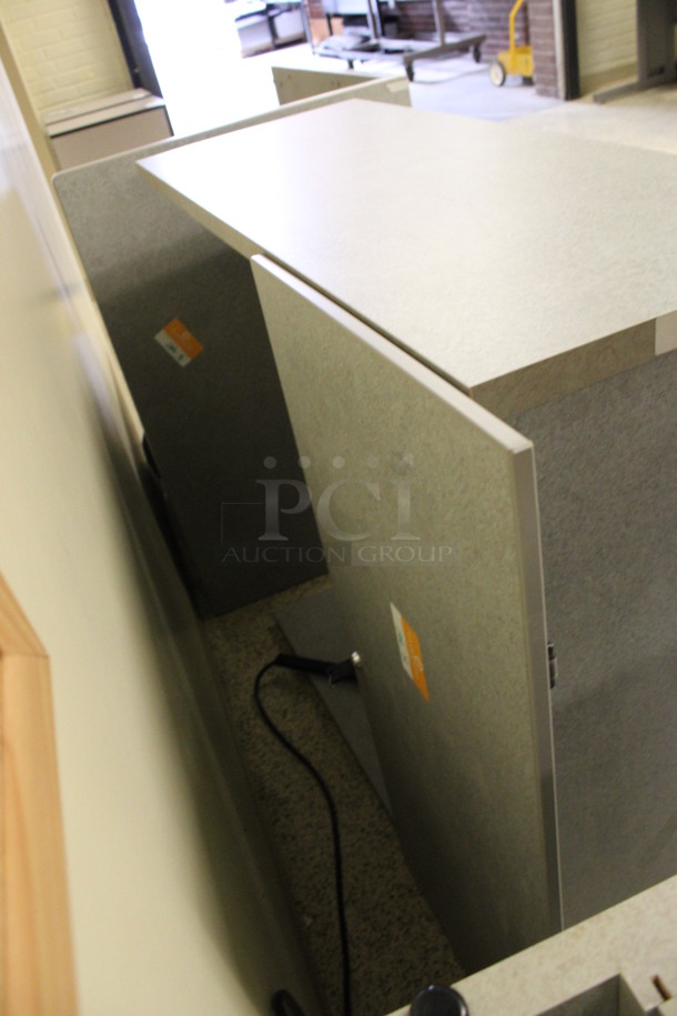 ALL ONE MONEY! Lot of Disassembled Gray Desk Set Up. Pieces; Corner Desk, Desk w/ Filing Cabinet, Desk w/ 2 Drawer Cabinet and Hutch! 36x24x29, 36x15x37.5, 24x24x29, 36x36x29. (Hallways Straight Off Of Atrium) - Image 5 of 8