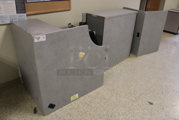 ALL ONE MONEY! Lot of Disassembled Gray Desk Set Up. Pieces; Corner Desk, Desk w/ Filing Cabinet, Desk w/ 2 Drawer Cabinet and Hutch! 36x24x29, 36x15x37.5, 24x24x29, 36x36x29. (Hallways Straight Off Of Atrium) - Image 8 of 8