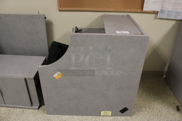 ALL ONE MONEY! Lot of Disassembled Gray Desk Set Up. Pieces; Corner Desk, Desk w/ 3 Drawer Filing Cabinet, Desk w/ 2 Drawer Cabinet and Hutch! 36x36x29, 24x24x29, 36x24x29, 36x15x37.5. (Hallways Straight Off Of Atrium) - Image 2 of 7