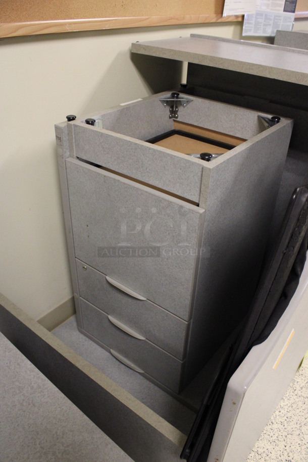ALL ONE MONEY! Lot of Disassembled Gray Desk Set Up. Pieces; Corner Desk, Desk w/ 3 Drawer Filing Cabinet, Desk w/ 2 Drawer Cabinet and Hutch! 36x36x29, 24x24x29, 36x24x29, 36x15x37.5. (Hallways Straight Off Of Atrium) - Image 3 of 7