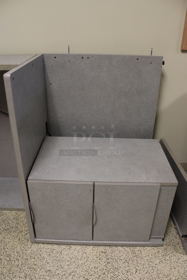 ALL ONE MONEY! Lot of Disassembled Gray Desk Set Up. Pieces; Corner Desk, Desk w/ 3 Drawer Filing Cabinet, Desk w/ 2 Drawer Cabinet and Hutch! 36x36x29, 24x24x29, 36x24x29, 36x15x37.5. (Hallways Straight Off Of Atrium) - Image 4 of 7