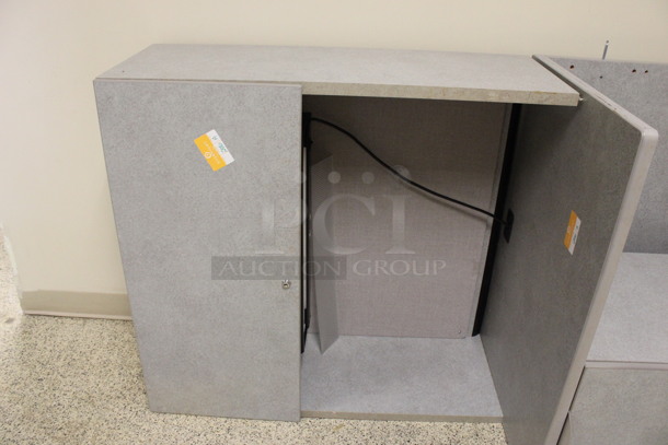 ALL ONE MONEY! Lot of Disassembled Gray Desk Set Up. Pieces; Corner Desk, Desk w/ 3 Drawer Filing Cabinet, Desk w/ 2 Drawer Cabinet and Hutch! 36x36x29, 24x24x29, 36x24x29, 36x15x37.5. (Hallways Straight Off Of Atrium) - Image 5 of 7