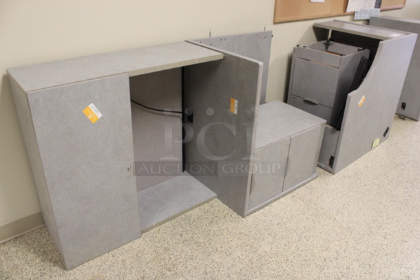 ALL ONE MONEY! Lot of Disassembled Gray Desk Set Up. Pieces; Corner Desk, Desk w/ 3 Drawer Filing Cabinet, Desk w/ 2 Drawer Cabinet and Hutch! 36x36x29, 24x24x29, 36x24x29, 36x15x37.5. (Hallways Straight Off Of Atrium) - Image 6 of 7
