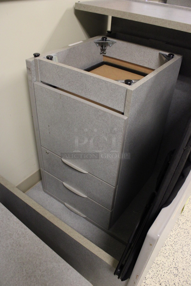 ALL ONE MONEY! Lot of Disassembled Gray Desk Set Up. Pieces; Corner Desk, Desk w/ 3 Drawer Filing Cabinet, Desk w/ 2 Drawer Cabinet and Hutch! 36x36x29, 24x24x29, 36x24x29, 36x15x37.5. (Hallways Straight Off Of Atrium) - Image 7 of 7