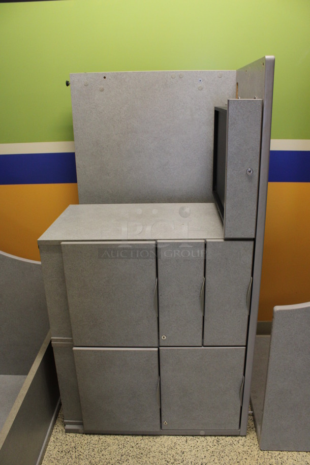 ALL ONE MONEY! Lot of Disassembled Gray Desk Set Up. Pieces; Corner Desk, Desk w/ Various Filing Cabinet, Table, and Hutch! 48x48x29, 54x24x29, 72x48x29, 54x15x37.5, 36x15x37.5. (Hallways Straight Off Of Atrium) - Image 3 of 5