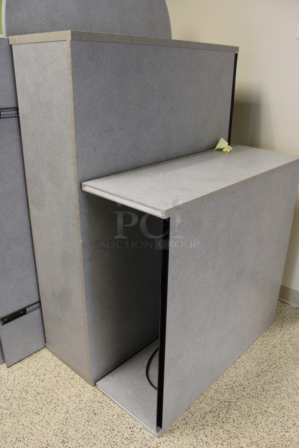 ALL ONE MONEY! Lot of Disassembled Gray Desk Set Up. Pieces; Corner Desk, Desk w/ Various Filing Cabinet, Table, and Hutch! 48x48x29, 54x24x29, 72x48x29, 54x15x37.5, 36x15x37.5. (Hallways Straight Off Of Atrium) - Image 4 of 5