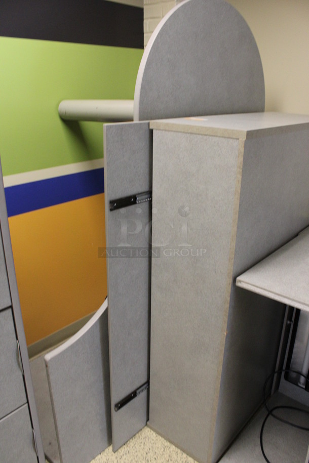 ALL ONE MONEY! Lot of Disassembled Gray Desk Set Up. Pieces; Corner Desk, Desk w/ Various Filing Cabinet, Table, and Hutch! 48x48x29, 54x24x29, 72x48x29, 54x15x37.5, 36x15x37.5. (Hallways Straight Off Of Atrium) - Image 5 of 5