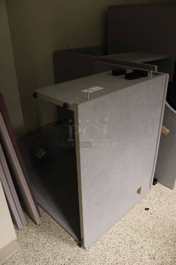 ALL ONE MONEY! Lot of Disassembled Gray Desk Set Up. Pieces; Corner Desk, Desk w/ Filing Cabinet, 2 Desks and Hutch! 36x36x29, 36x36x29, 36x24x29, 54x15x37.5, 54x24x29. (Hallways Straight Off Of Atrium) - Image 2 of 5