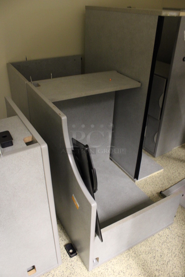 ALL ONE MONEY! Lot of Disassembled Gray Desk Set Up. Pieces; Corner Desk, Desk w/ Filing Cabinet, 2 Desks and Hutch! 36x36x29, 36x36x29, 36x24x29, 54x15x37.5, 54x24x29. (Hallways Straight Off Of Atrium) - Image 3 of 5