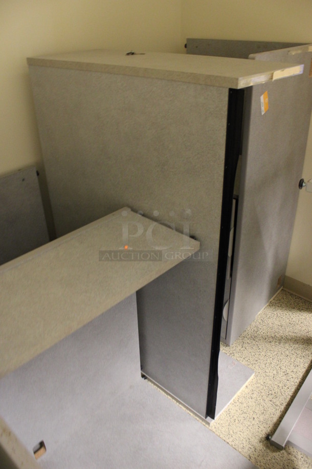 ALL ONE MONEY! Lot of Disassembled Gray Desk Set Up. Pieces; Corner Desk, Desk w/ Filing Cabinet, 2 Desks and Hutch! 36x36x29, 36x36x29, 36x24x29, 54x15x37.5, 54x24x29. (Hallways Straight Off Of Atrium) - Image 4 of 5