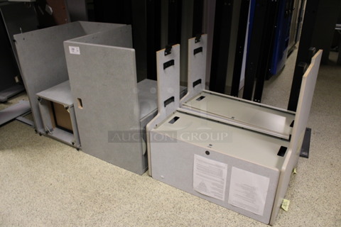 ALL ONE MONEY! Lot of Gray Desk Pieces; Desk w/ 3 Drawer Filing Cabinet, Desk w/ 2 Drawer Cabinet and 2 Hutches! 36x24x29, 36x24x29, 34.5x15.5x34.5, 34.5x15.5x34.5. (Hallways Straight Off Of Atrium)