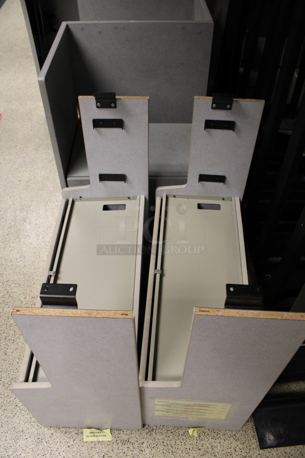 ALL ONE MONEY! Lot of Gray Desk Pieces; Desk w/ 3 Drawer Filing Cabinet, Desk w/ 2 Drawer Cabinet and 2 Hutches! 36x24x29, 36x24x29, 34.5x15.5x34.5, 34.5x15.5x34.5. (Hallways Straight Off Of Atrium) - Image 2 of 5
